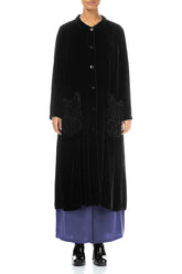 Ruched Pockets Black Silk Velvet Jacket - Coat 1