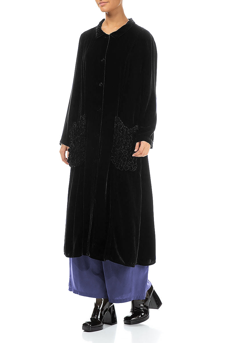 Ruched Pockets Black Silk Velvet Jacket - Coat 3