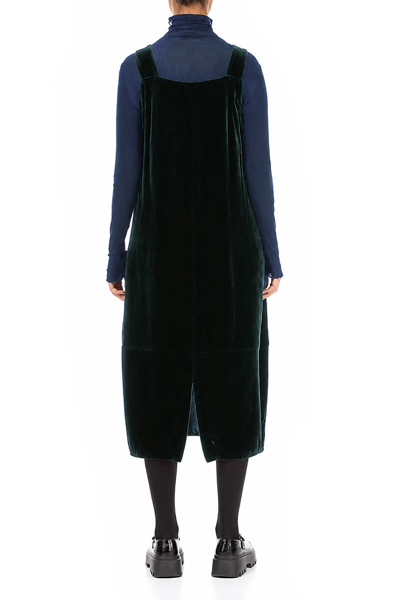 Ruched Pockets Deep Turquoise Silk Velvet Dungaree Dress