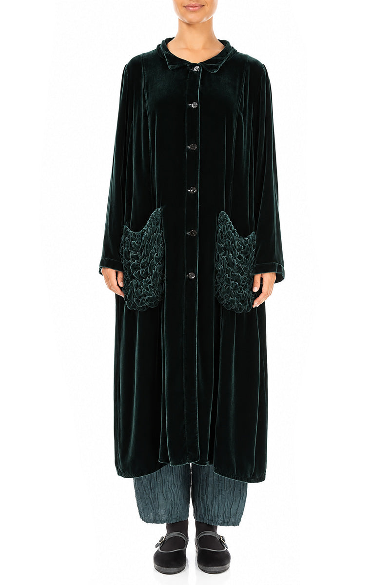 Ruched Pockets Deep Turquoise Silk Velvet Jacket - Coat