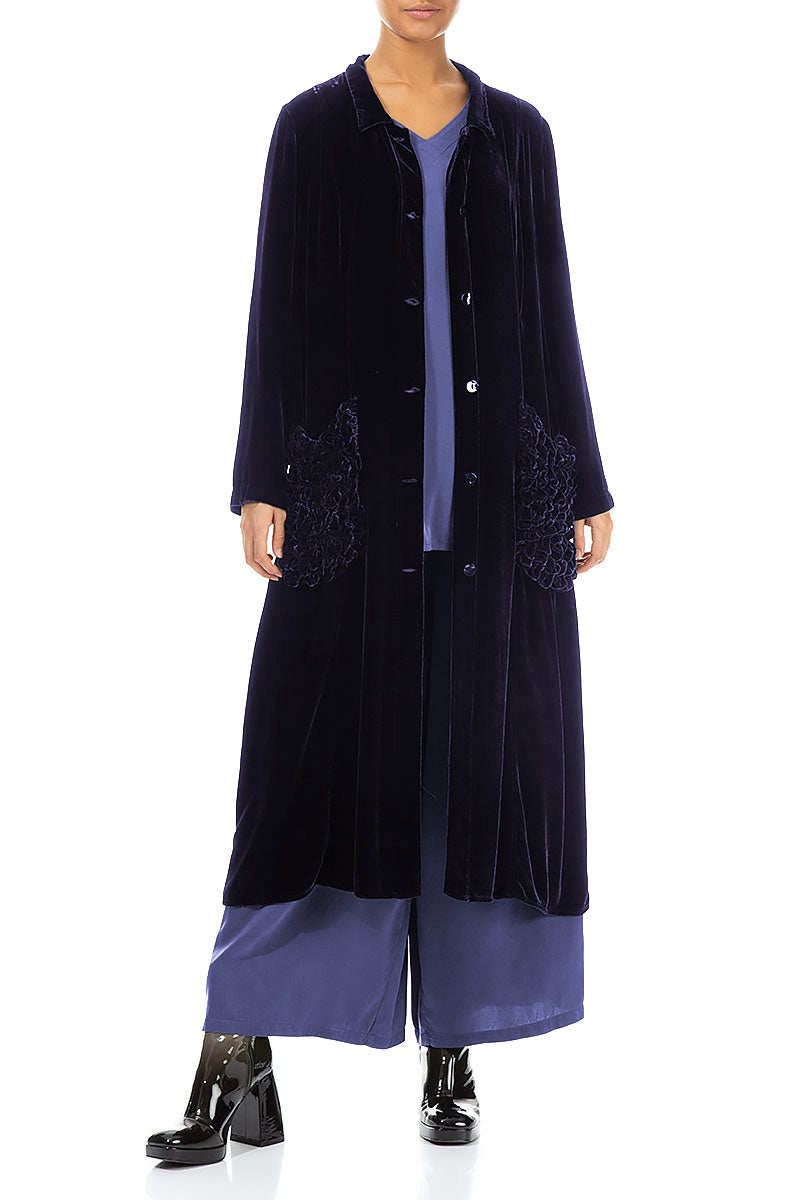 Ruched Pockets Royal Purple Silk Velvet Jacket - Coat 4