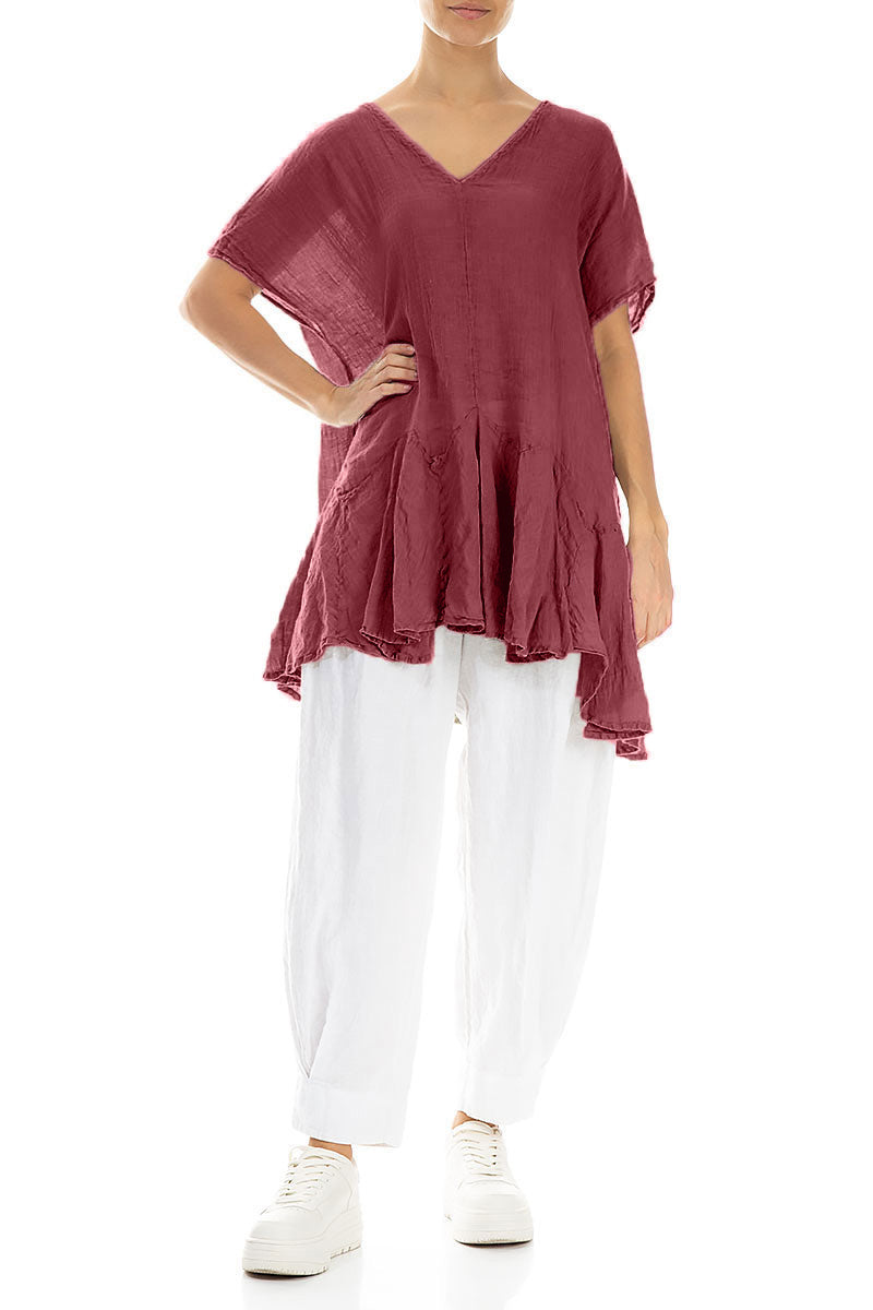 Ruffled Antique Ruby Gauze Linen Blouse 4