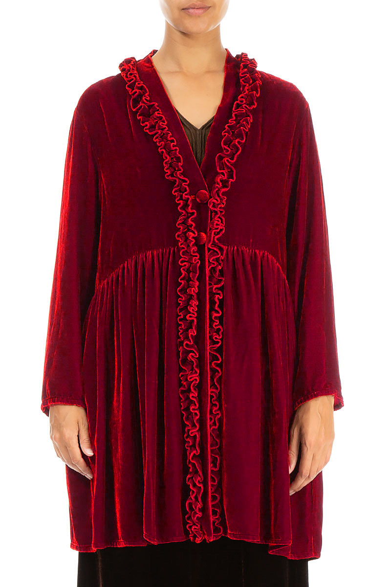 Ruffled Cherry Red Silk Velvet Jacket