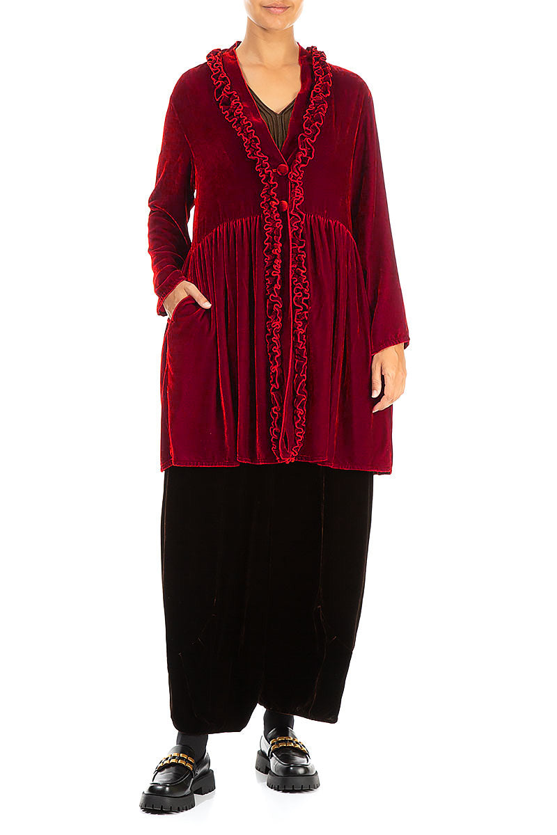 Ruffled Cherry Red Silk Velvet Jacket