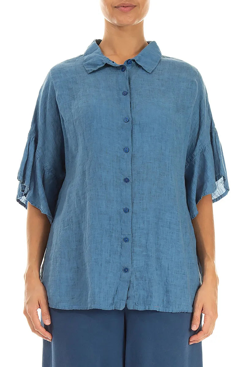 Ruffled Cuffs Cobalt Blue Linen Shirt