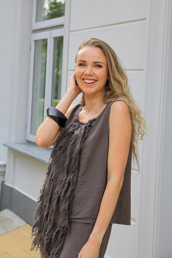 Ruffled Fringed Truffle Linen Blouse 1