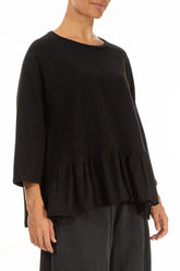Ruffled Hem Black Cotton Blouse 3
