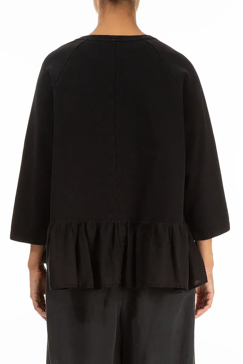 Ruffled Hem Black Cotton Blouse 2