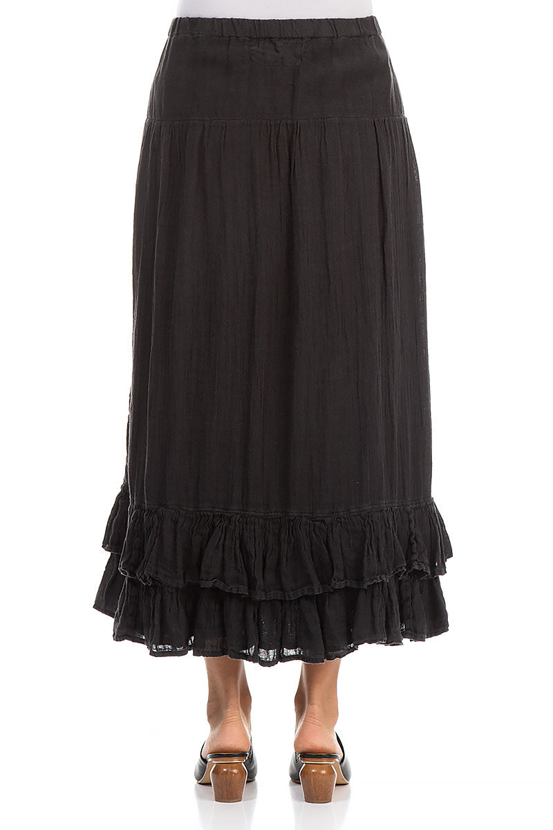 Ruffled Hem Black Gauze Linen Maxi Skirt 2