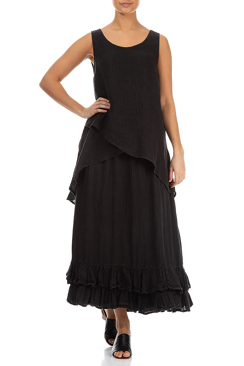 Ruffled Hem Black Gauze Linen Maxi Skirt 4