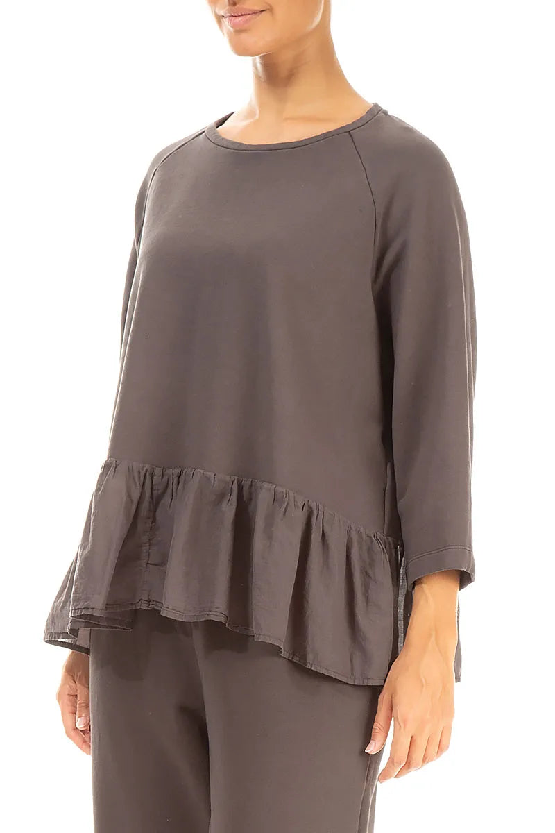 Ruffled Hem Forest Brown Cotton Blouse 3