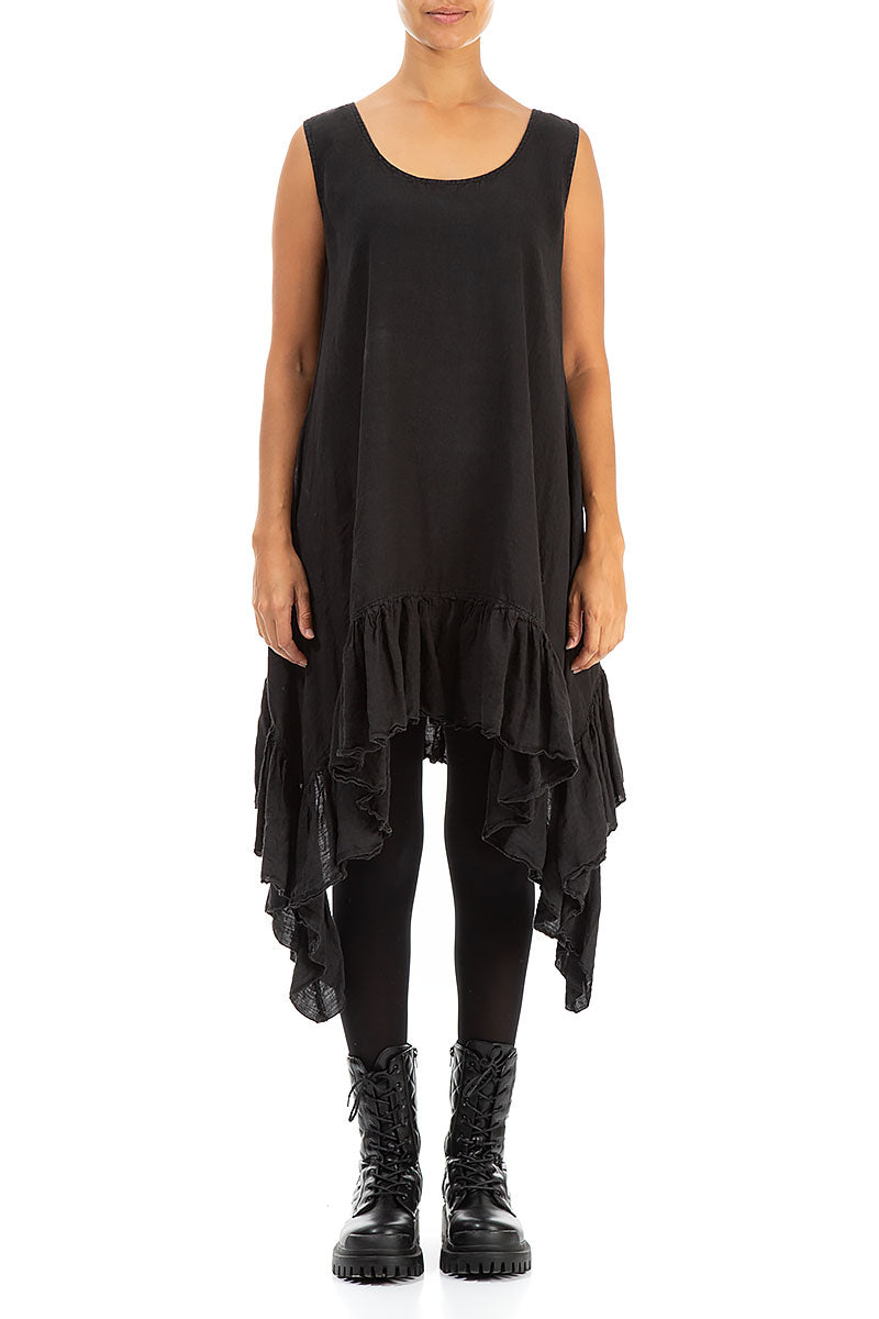 Ruffled Hem Sleeveless Black Linen Tunic Dress 1