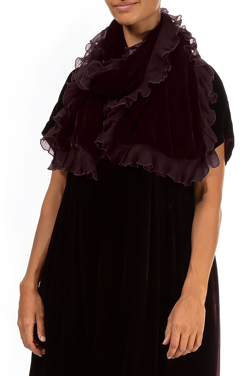 Ruffled Merlot Silk Velvet Scarf 3