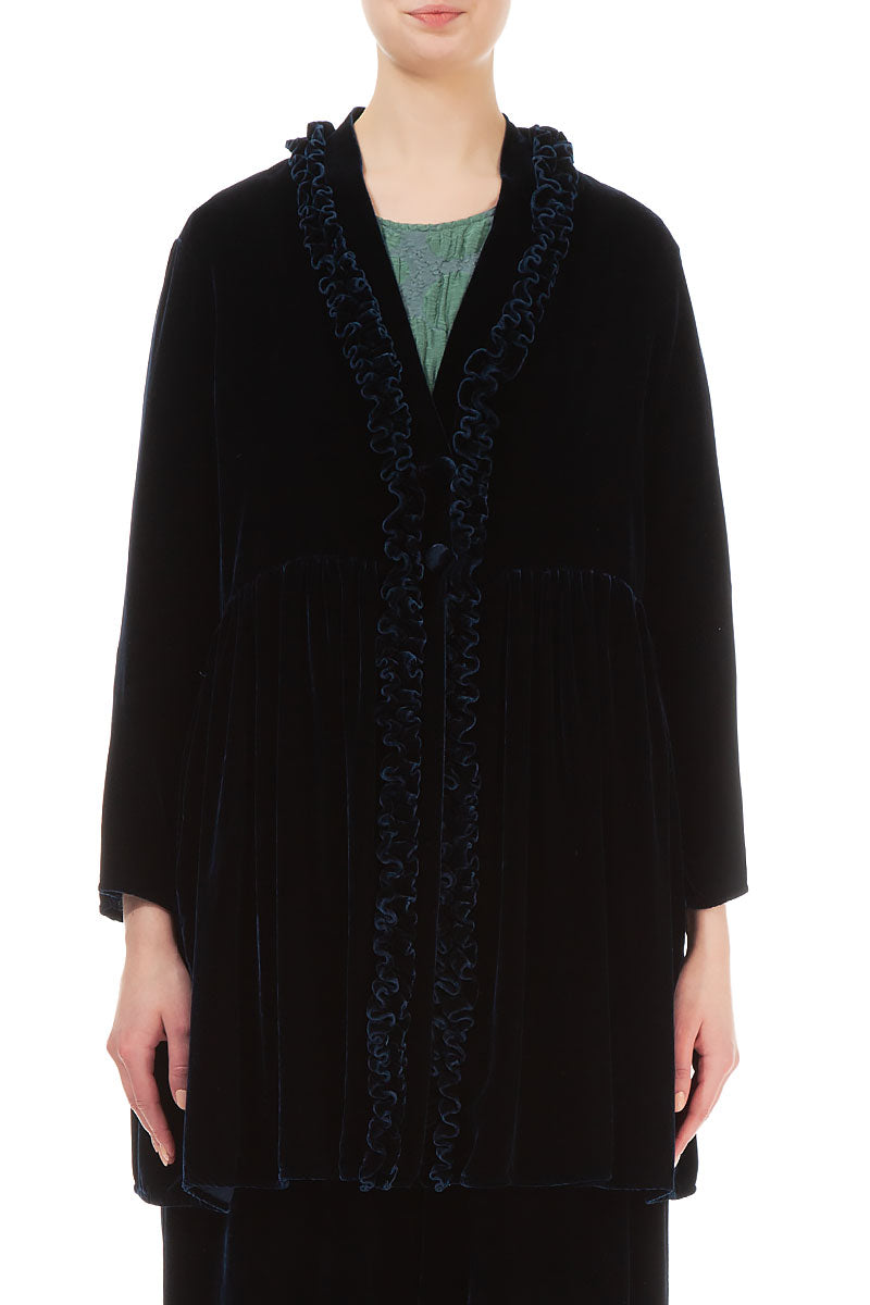 Veste en velours de soie bleu marine à volants