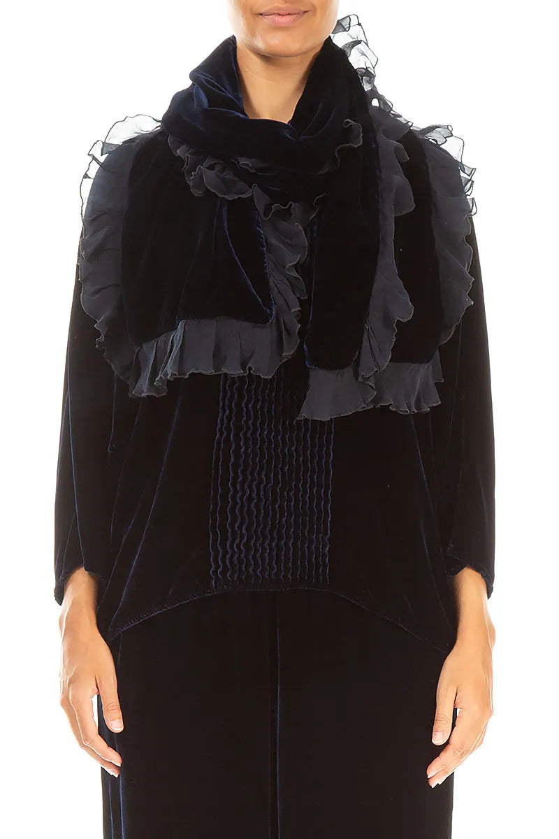 Écharpe en velours de soie bleu roi à volants