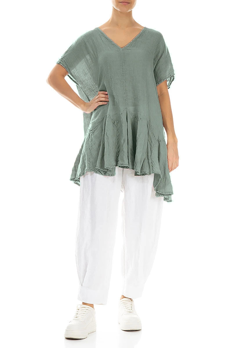 Ruffled Sage Gauze Linen Blouse