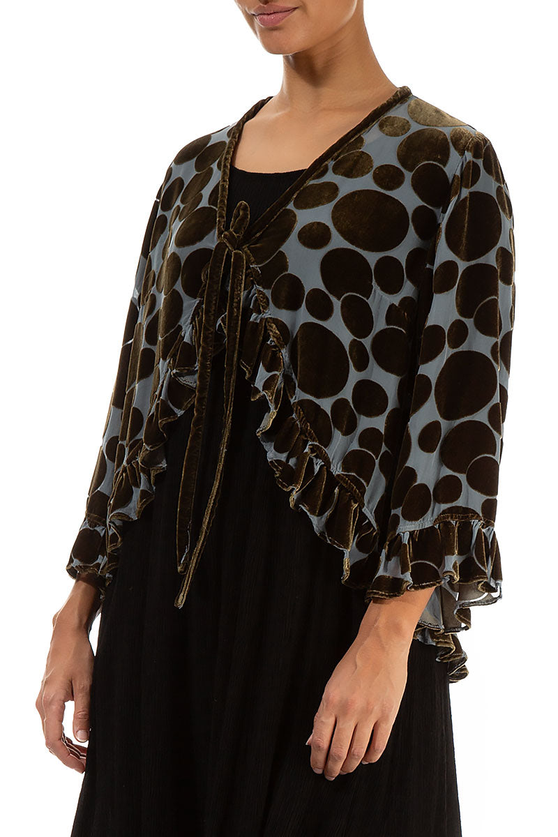 Ruffled Tie-Up Devoré Bubbles Golden Sage Silk Velvet Jacket 4