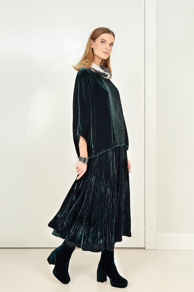 Tuck Front Peacock Silk Velvet Blouse