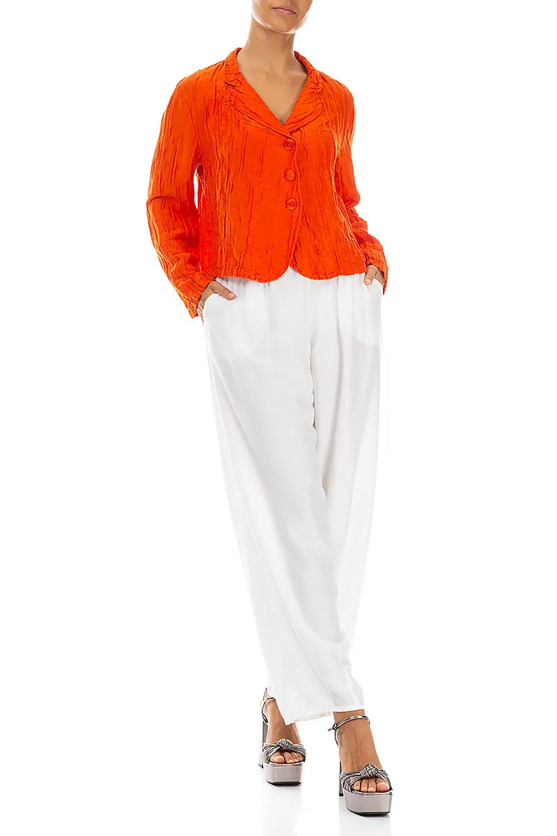 Kurze, geknitterte kobaltblaue Seidenleinenjacke