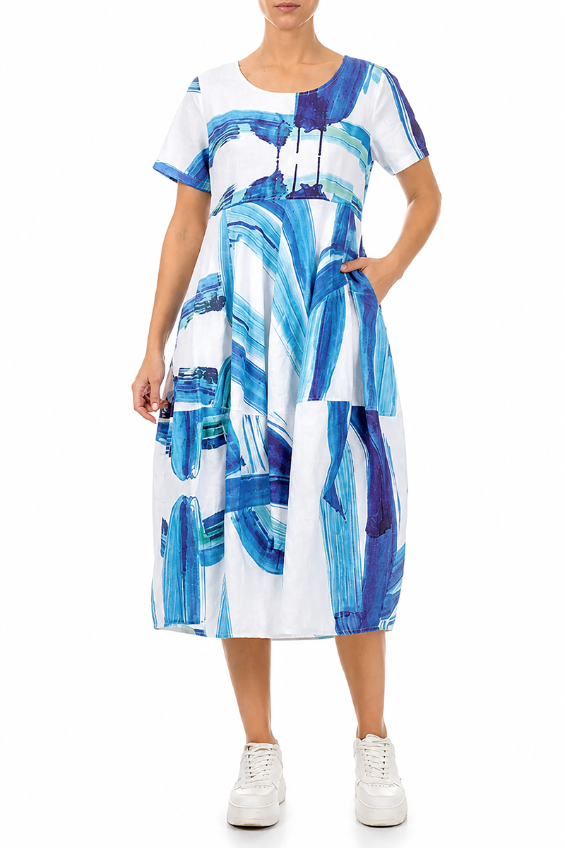 Short Sleeves Balloon Blue Brushstroke Linen Dress