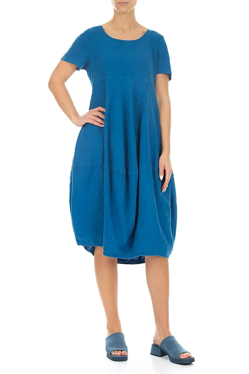 Short Sleeves Balloon Cobalt Blue Linen Dress 4