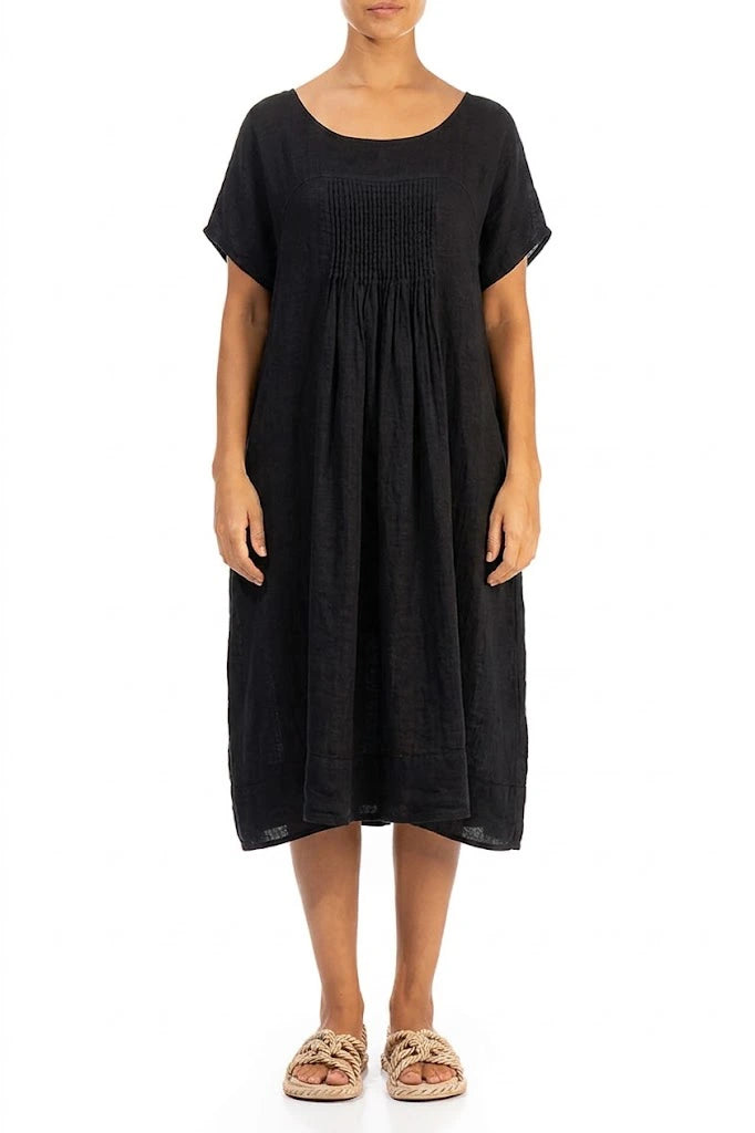 Short Sleeves Black Gauze Linen Midi Dress 1