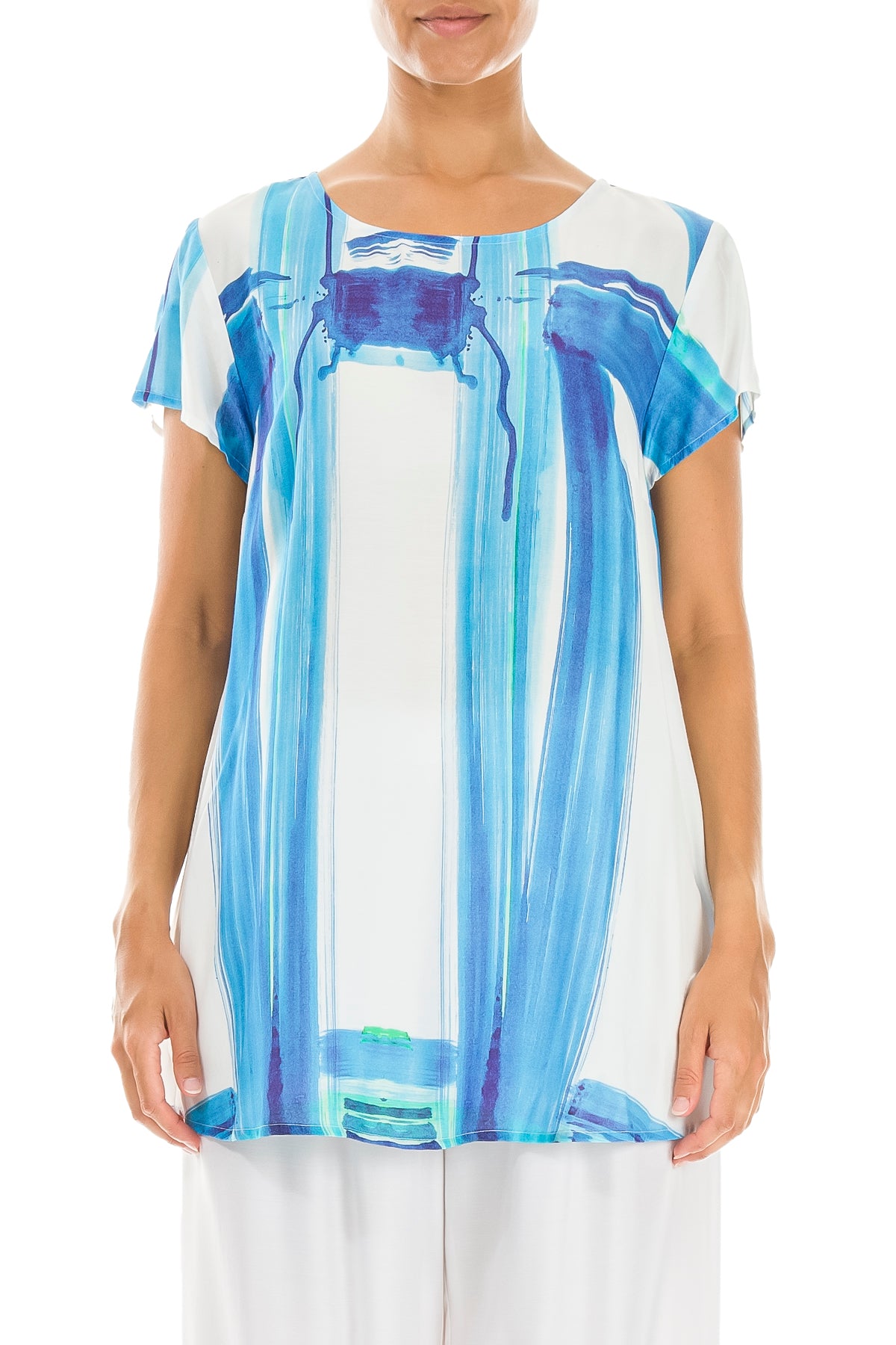 Kurzarm-Seiden-Bambus-Oberteil mit blauem Pinselstrich-Muster