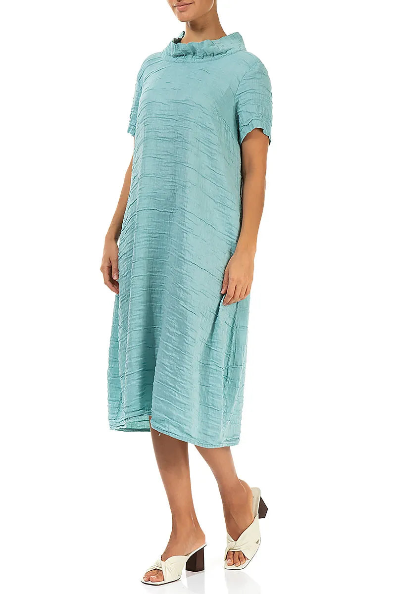 Short Sleeves Cowl Neck Mint Crinkled Silk Linen Dress