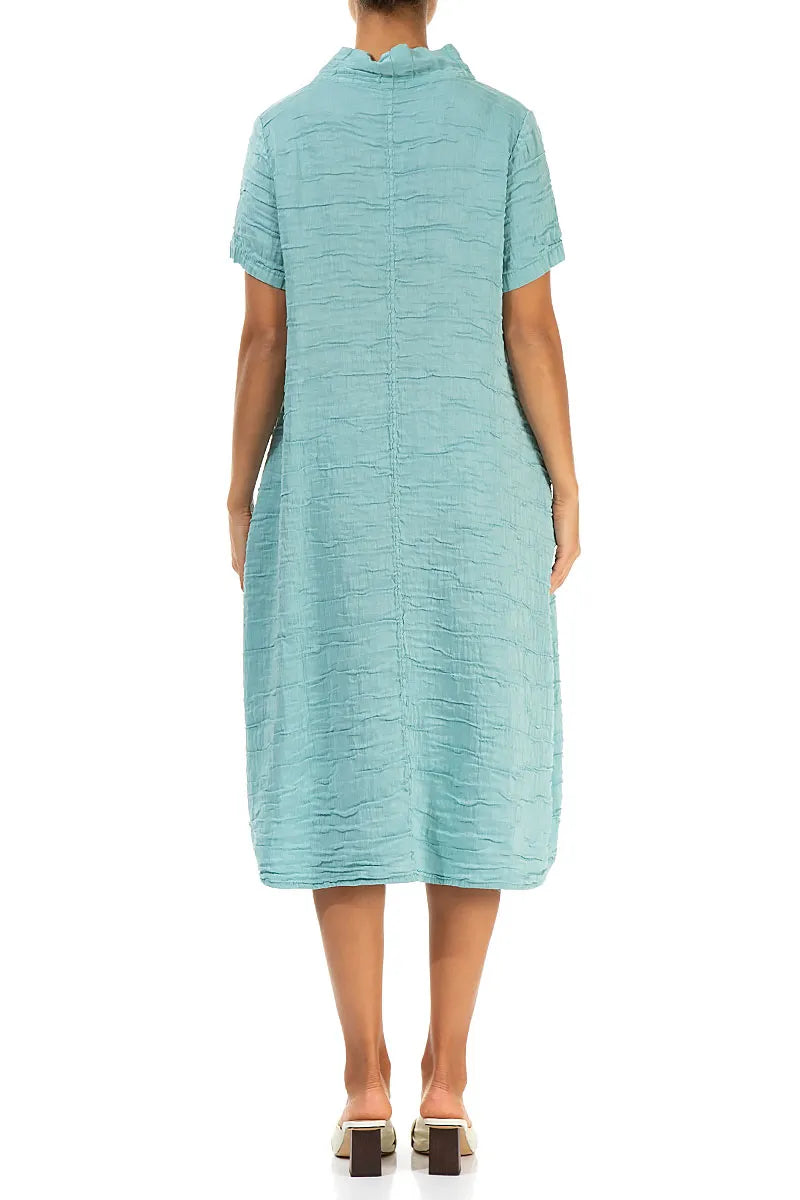 Short Sleeves Cowl Neck Mint Crinkled Silk Linen Dress