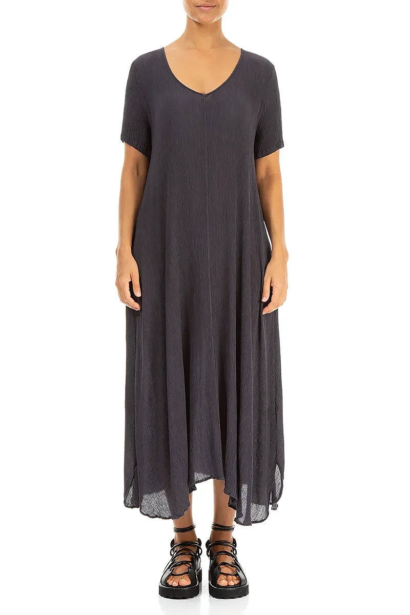 Robe courte évasée en soie et viscose graphite à manches courtes