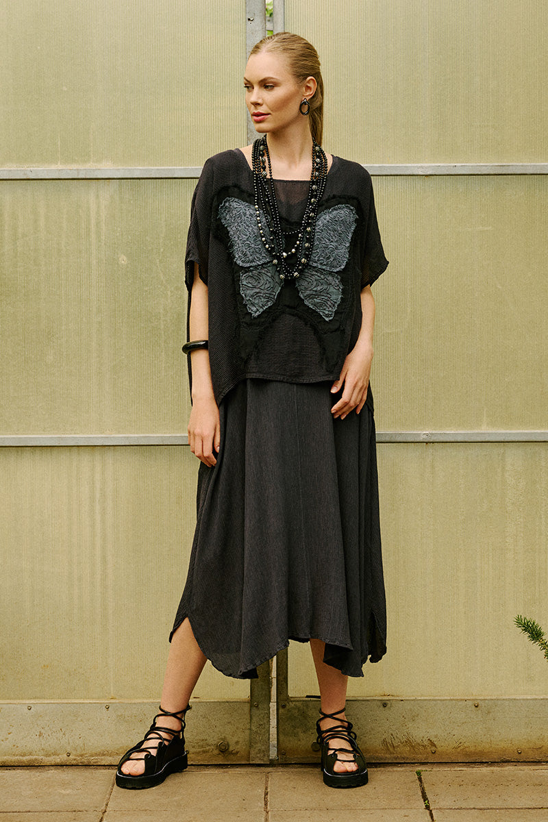 Short Sleeves Flared Graphite Silk Viscose Dress 6