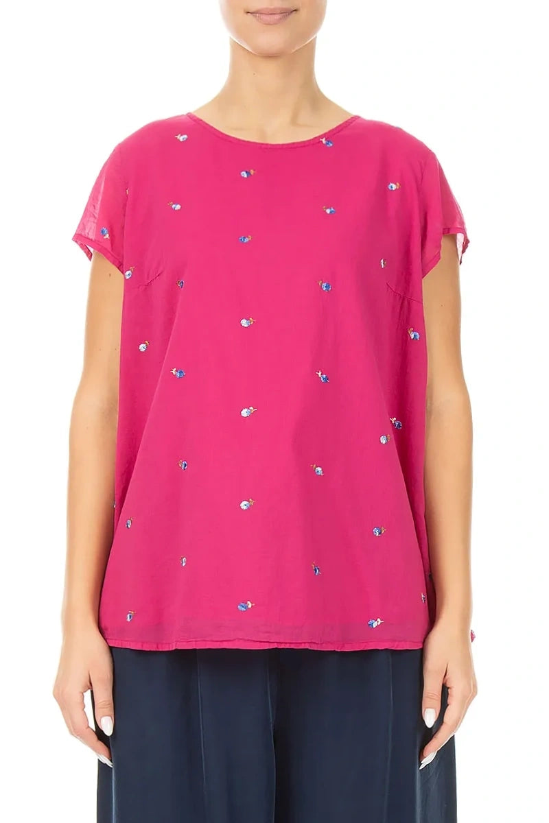 Short Sleeves Fuchsia Embroidered Petals Cotton Top 1