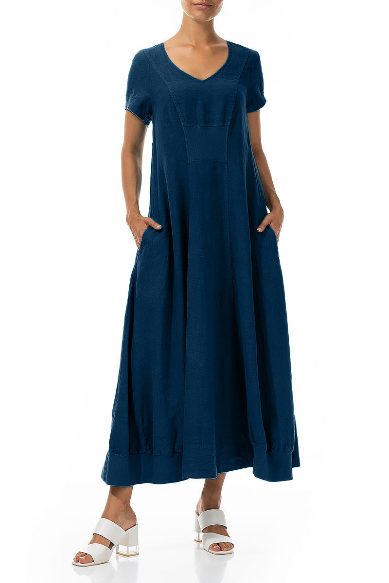Robe longue en lin bleu marine à manches courtes