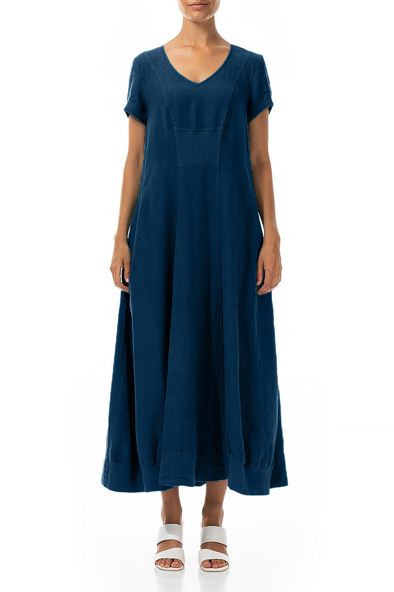 Robe longue en lin bleu marine à manches courtes