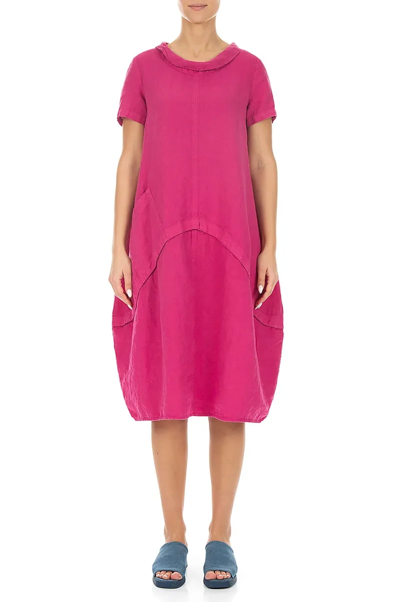 Kurzärmeliges tailliertes Leinenkleid in Fuchsia