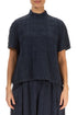 Short Sleeves Slate Blue Pleated Silk Linen Blouse 1