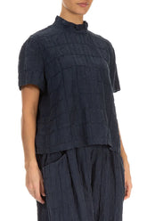 Short Sleeves Slate Blue Pleated Silk Linen Blouse 3