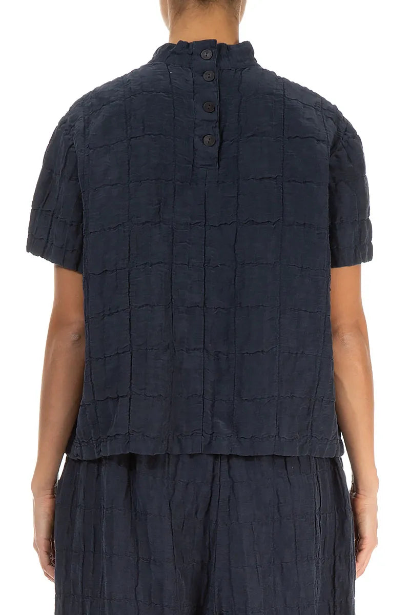 Short Sleeves Slate Blue Pleated Silk Linen Blouse 2
