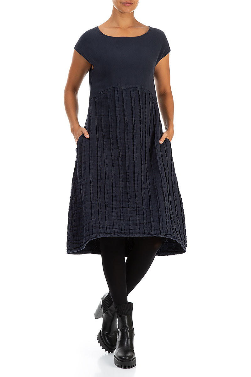 Short Sleeves Textured Navy Linen Dress 4