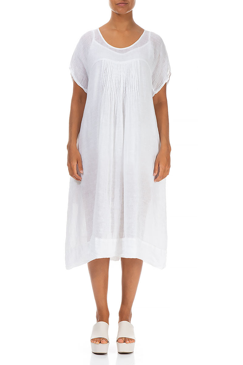 Kurzarm-Midi-Kleid aus weißem Gaze-Leinen
