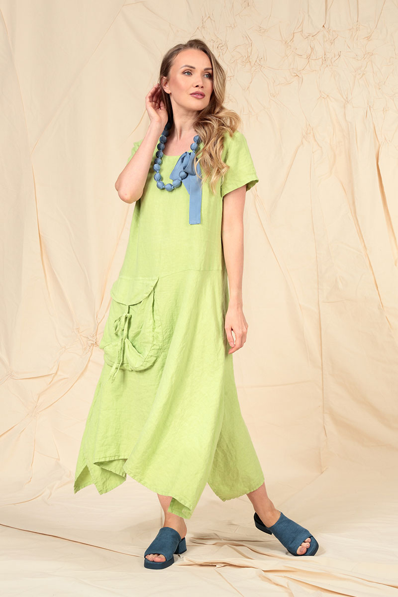 Side Pocket A-Line Lime Linen Dress 7