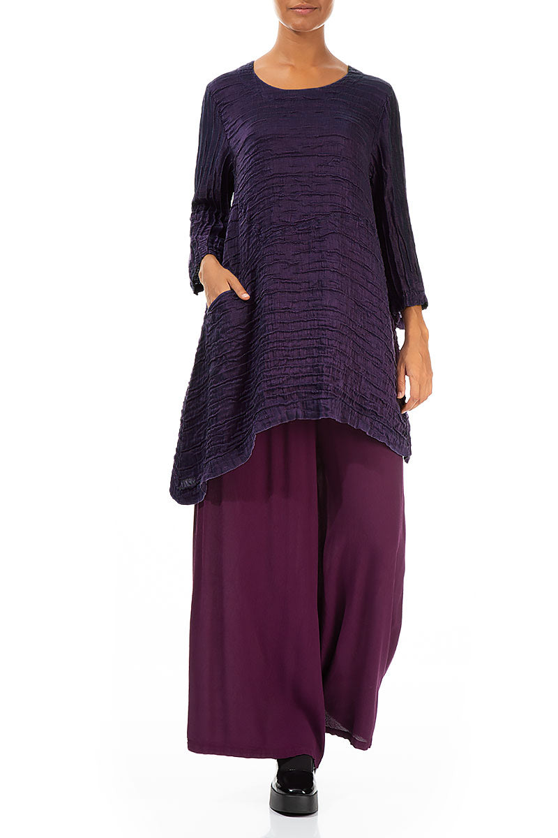 Side Pocket Asymmetric Crinkled Royal Purple Silk Tunic 4