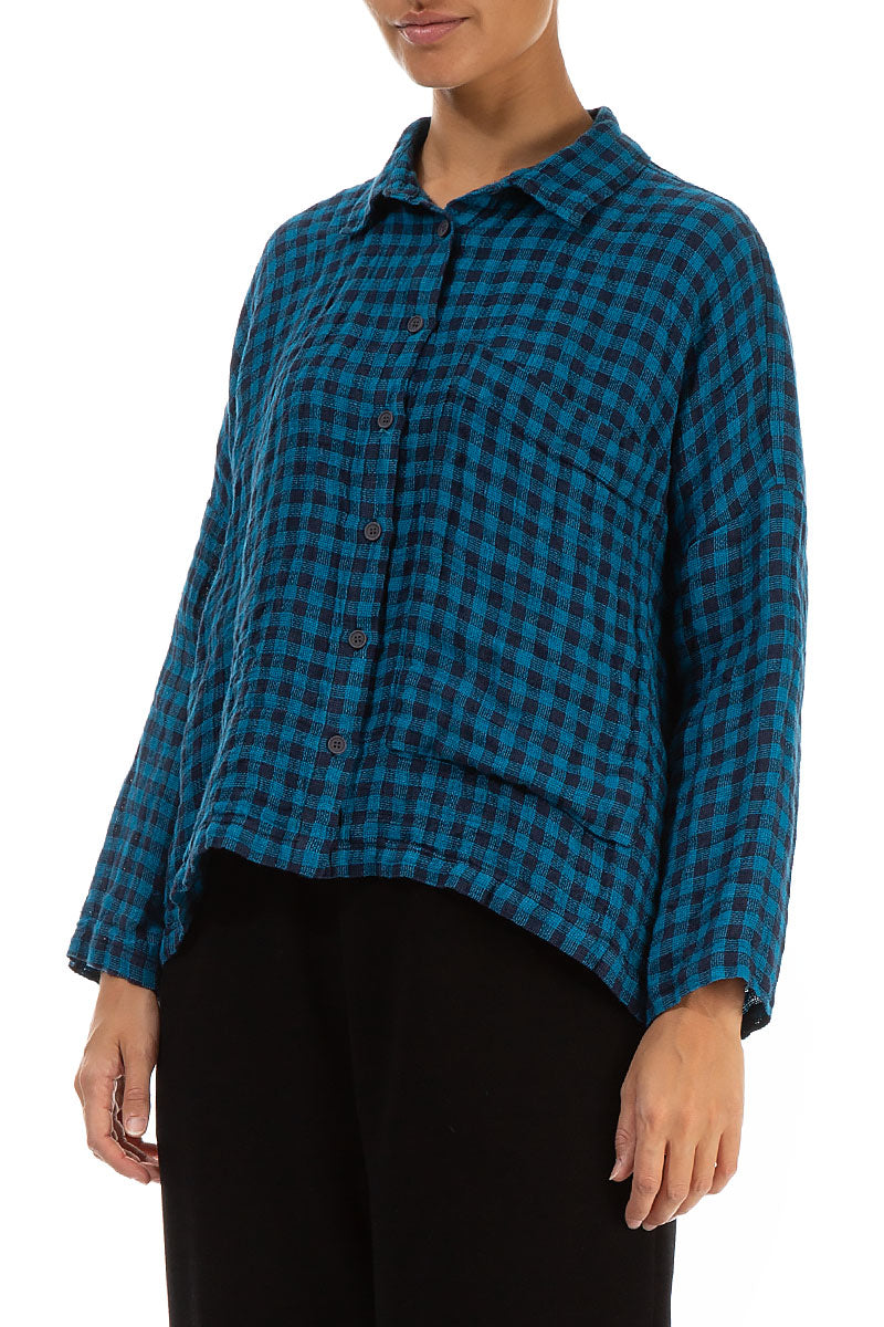 Side Pocket Blue Check Linen Shirt 3