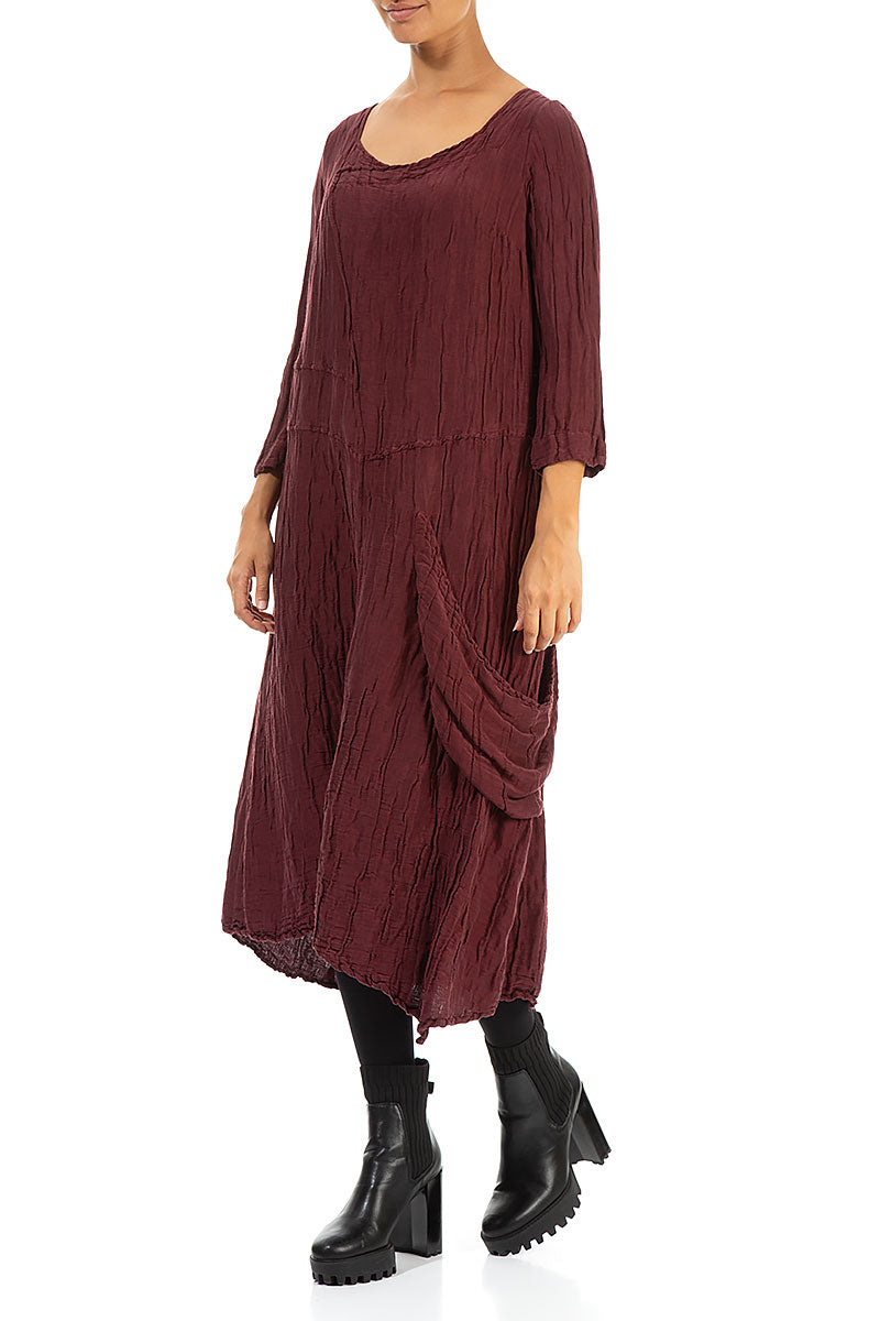 Side Pocket Crinkled Burgundy Silk Linen Dress 3