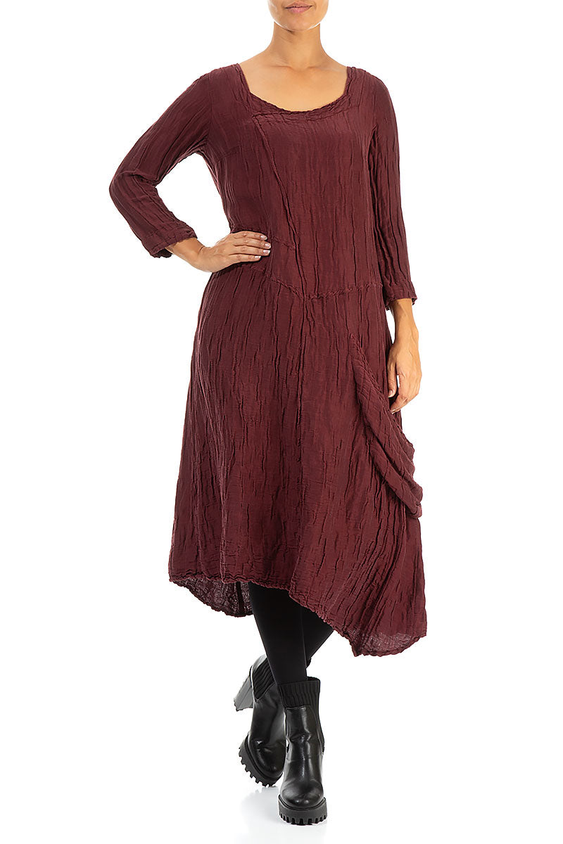 Side Pocket Crinkled Burgundy Silk Linen Dress 4