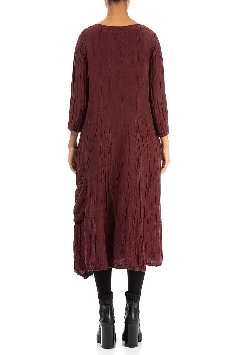 Side Pocket Crinkled Burgundy Silk Linen Dress 2