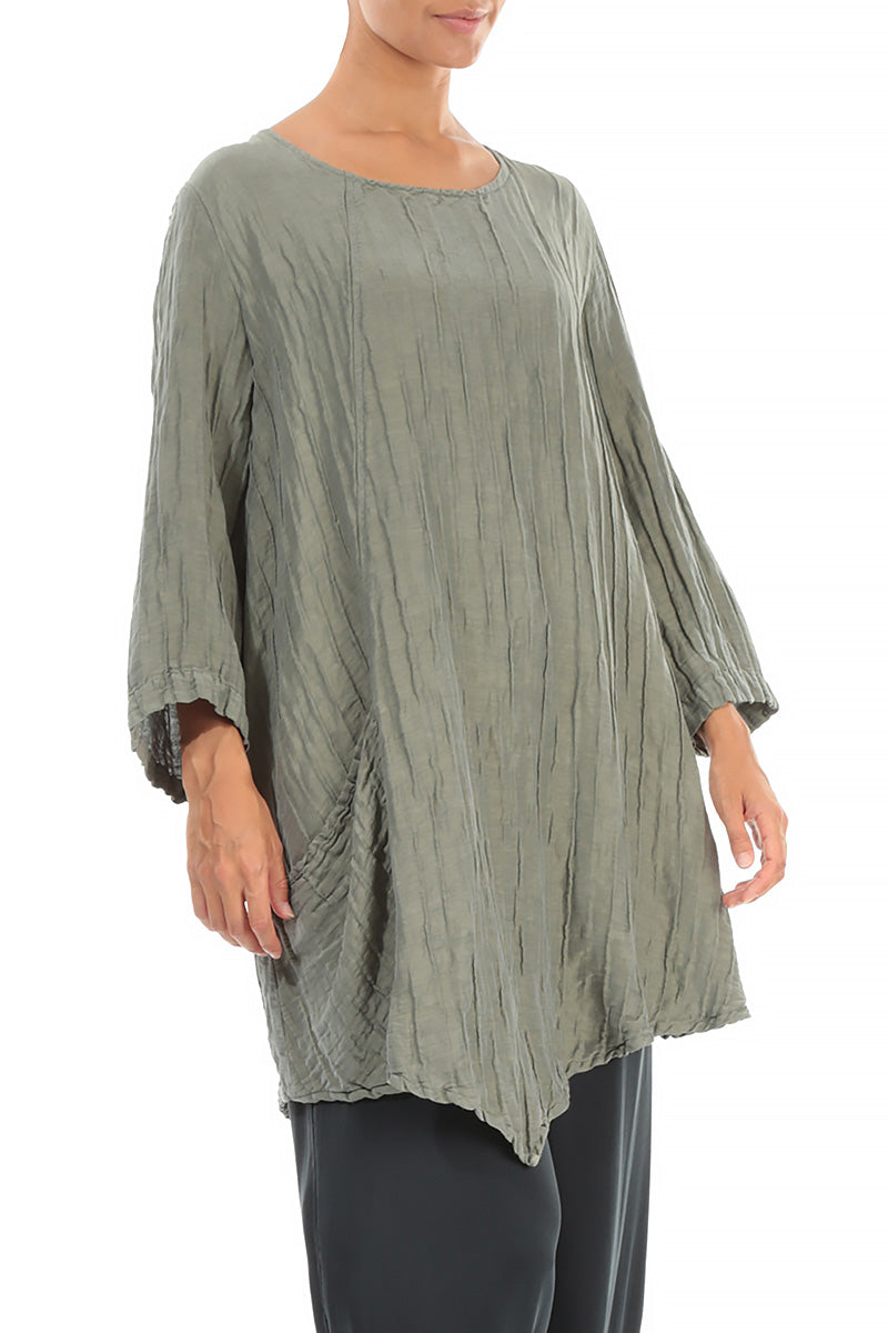 Side Pocket Crinkled Silver Sage Silk Linen Tunic 3