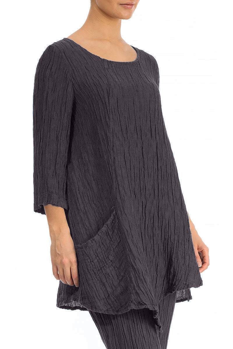 Side Pocket Crinkled Slate Blue Silk Tunic 3