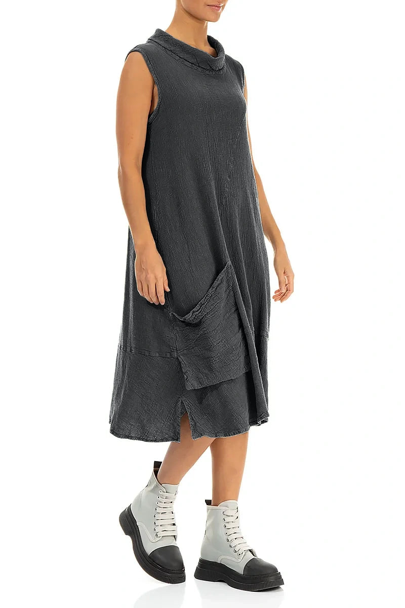 Side Pocket Graphite Textured Linen Dress 4