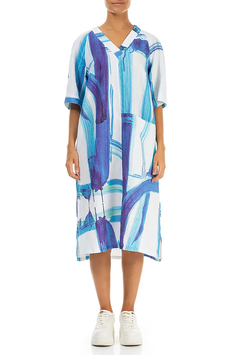 Ärmelloses Leinenkleid mit V-Ausschnitt, blauem Pinselstrich und Seitentaschen